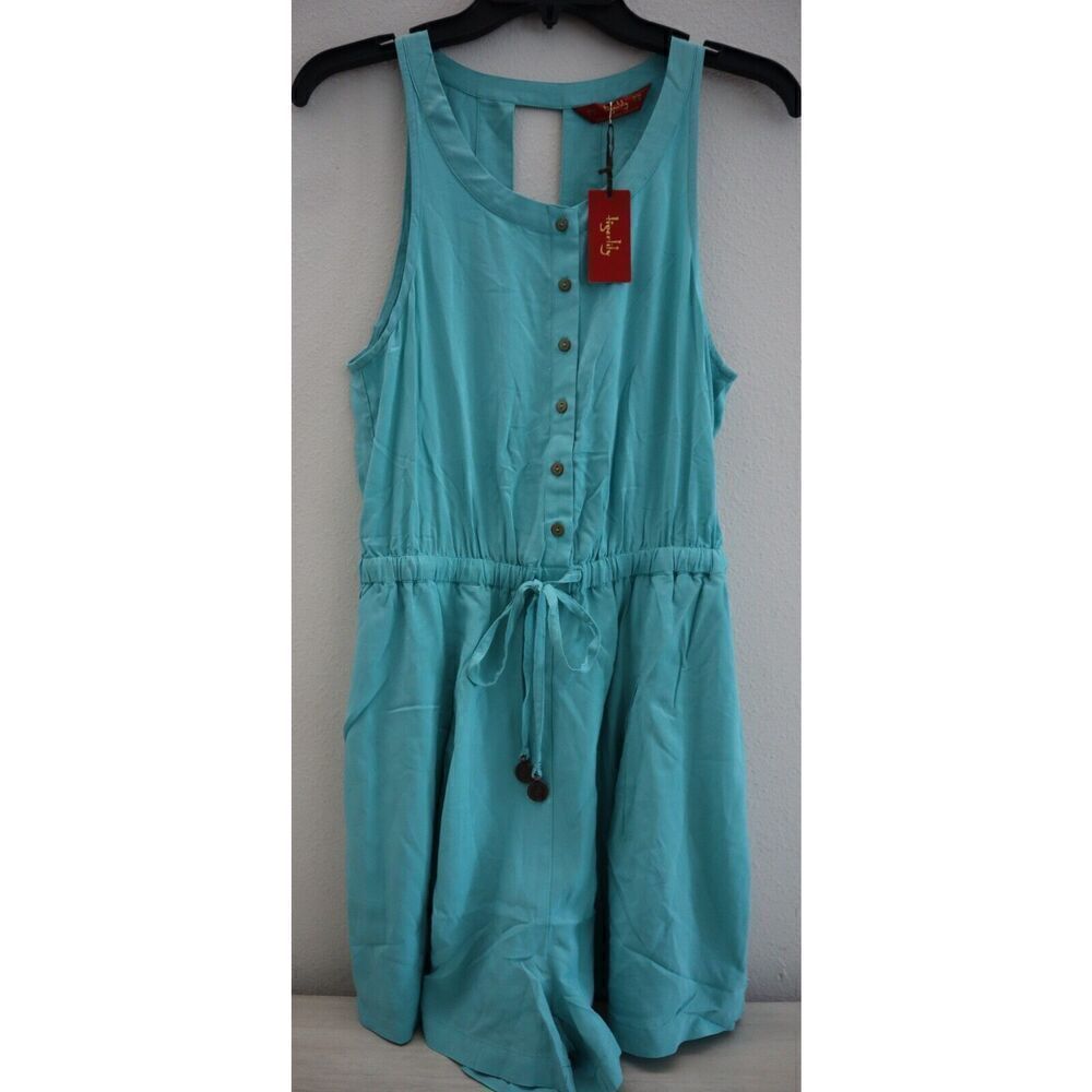 Tigerlily Women's Sz 4 Aqua Blue Sleeveless Relaxed Fit 1/2 Button Romper